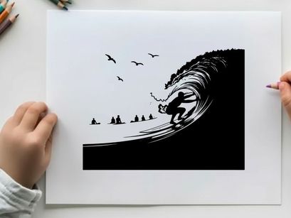 Surfer riding giant wave in silhouette at sunset beach