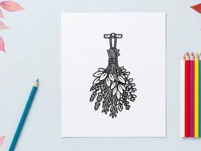 Hand-drawn Halloween witch broom with dried leaves and flowers. Rustic autumn decoration for spooky seasonal crafts and home decor.