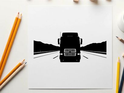 Silhouette of a semi truck driving down a highway with mountains
