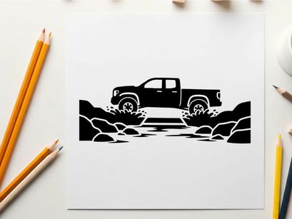 Silhouette of a pickup truck crossing a stream on a rugged terrain silhouette