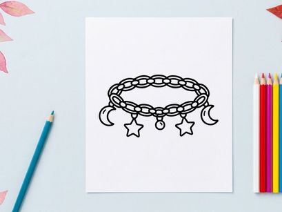 Celestial charm bracelet icon. Witchy jewelry line art with moon and star pendants.