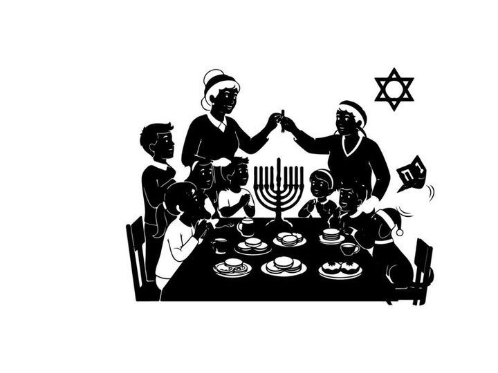 Happy jewish family in silhouette celebrating hanukkah together