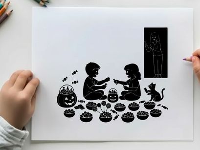 Halloween silhouette of children and cat with jack o lanterns and treats