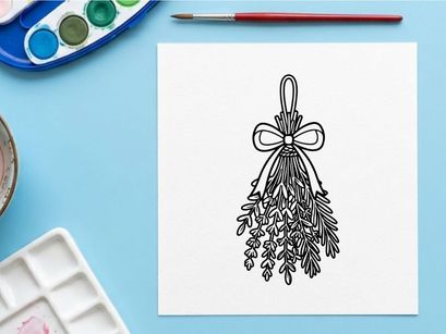 Hand-drawn mistletoe sprig with decorative bow for holiday decor. Elegant botanical illustration of winter greenery and festive ribbon design.