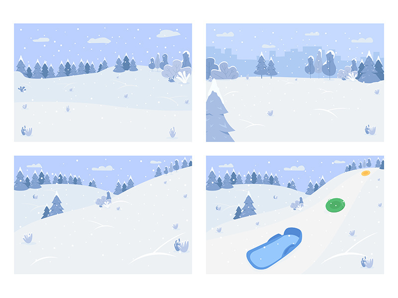 Winter scenery semi flat vector illustration set