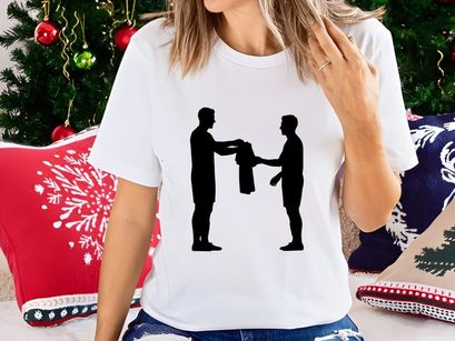 Two men exchanging a jacket in a simple black silhouette illustration