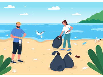 Cleaning beach from covid rubbish flat color vector illustration preview picture
