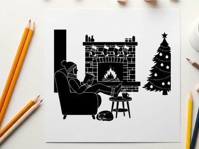 Cozy silhouette of man reading by christmas fireplace