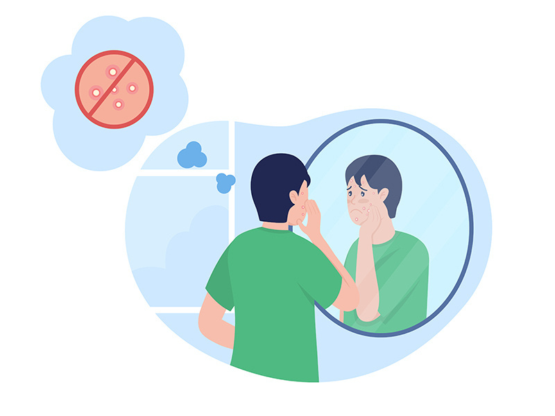 Teenage boy sad over pimple 2D vector isolated illustration