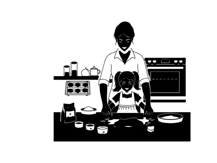 Silhouette of mother and child baking together in kitchen