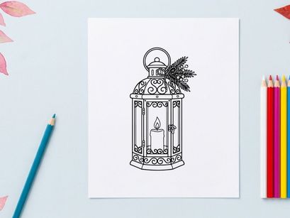 Ilustrasi seni garis lentera Natal dengan lilin menyala dan ranting pinus hias