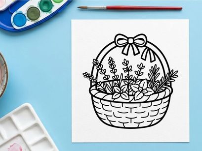 Basket of fresh herbs coloring page. Outline drawing of aromatic plants in a woven basket.