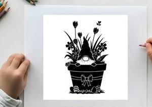 Silhouette of a garden gnome in a flower pot with tulips and bow