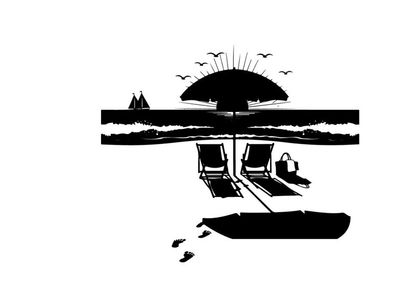 Beach scene silhouette with umbrella and chairs at sunset