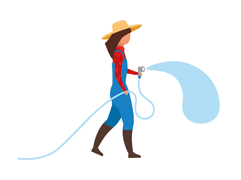 Female farmer with garden hose semi flat color vector character