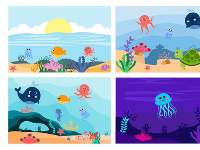 12 Cute Ocean Animals Underwater Background Flat Design