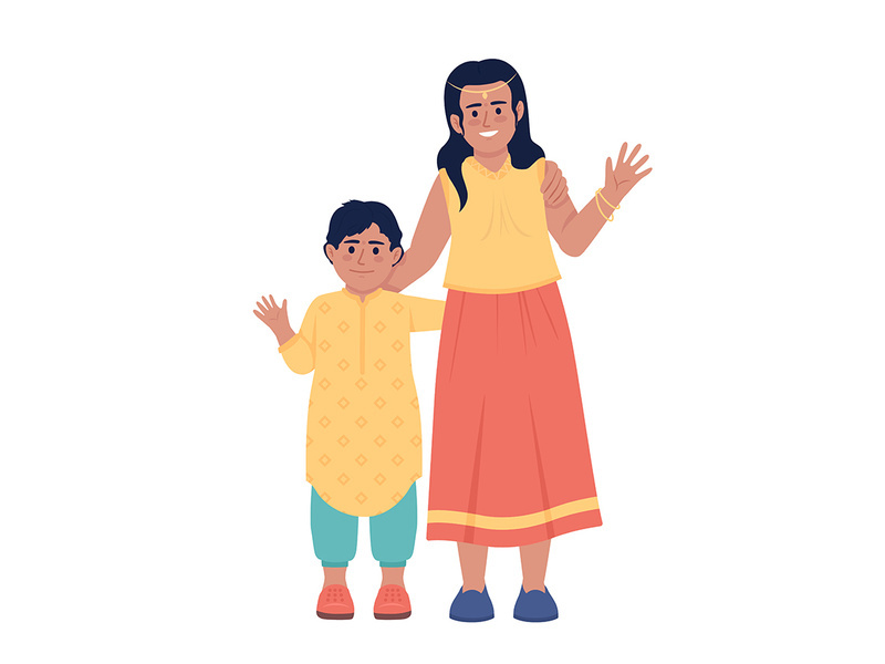 Siblings wearing clothes for indian festival semi flat color vector characters