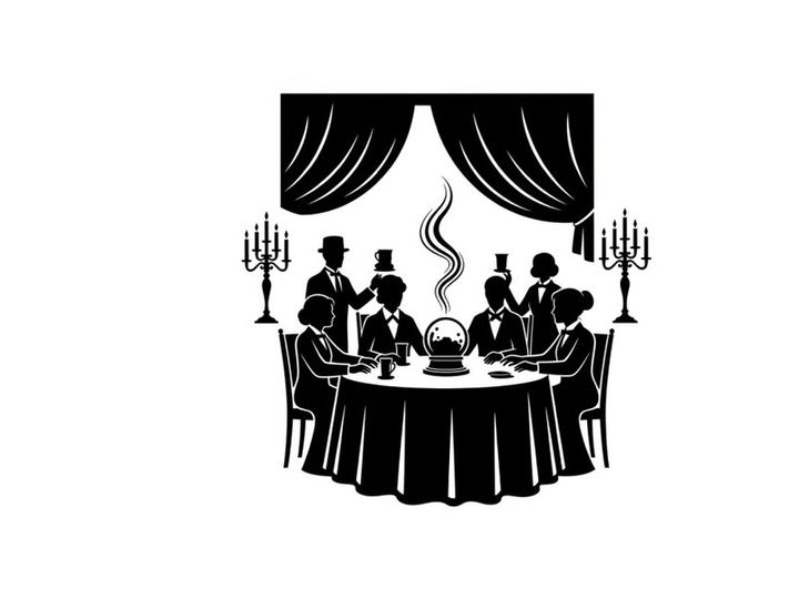 Silhouette of a formal dinner party with waiters and guests