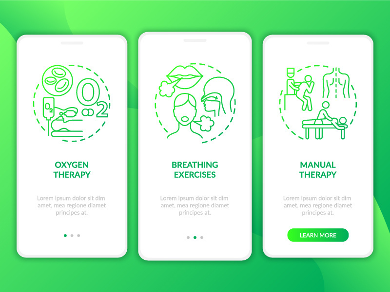 Respiratory rehabilitation green gradient onboarding mobile app page screen