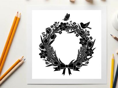 Silhouette of a floral wreath with birds and bow