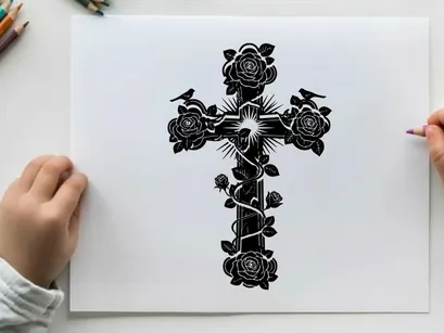 Silhouette of a cross with roses and birds silhouette