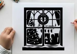 Christmas window silhouette with wreath and decorations