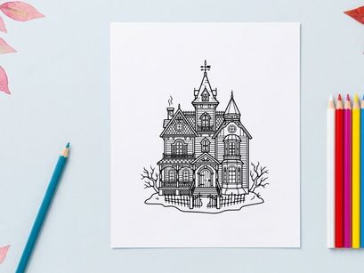 Haunted house line art illustration. Spooky Victorian mansion drawing for Halloween decor.