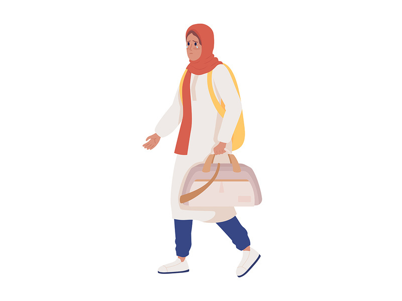 Female asylum-seeker with baggage and backpack flat color vector character