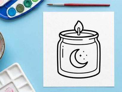 Scented candle icon with moon symbol. Minimalist line art of a burning wax jar.