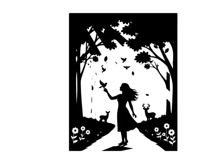 Silhouette of a girl in a forest with deer and flowers