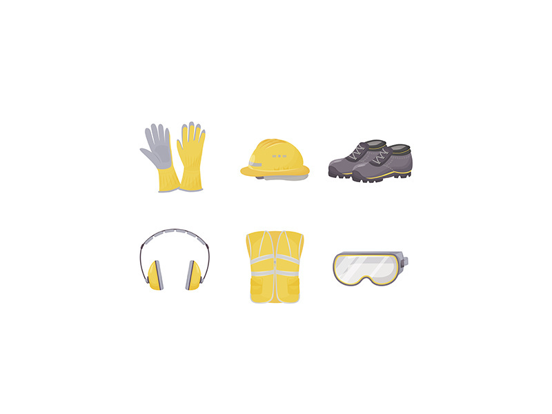 Workwear, personal protective equipment flat color vector objects set