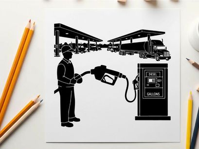 Silhouette of a man refueling a large truck at a gas station silhouette