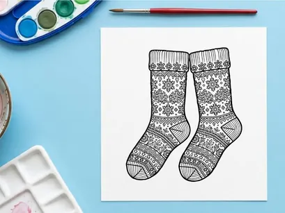 Weihnachts-Socken-Linienkunst-Illustration mit Schneeflockenmustern für Ausmalseite