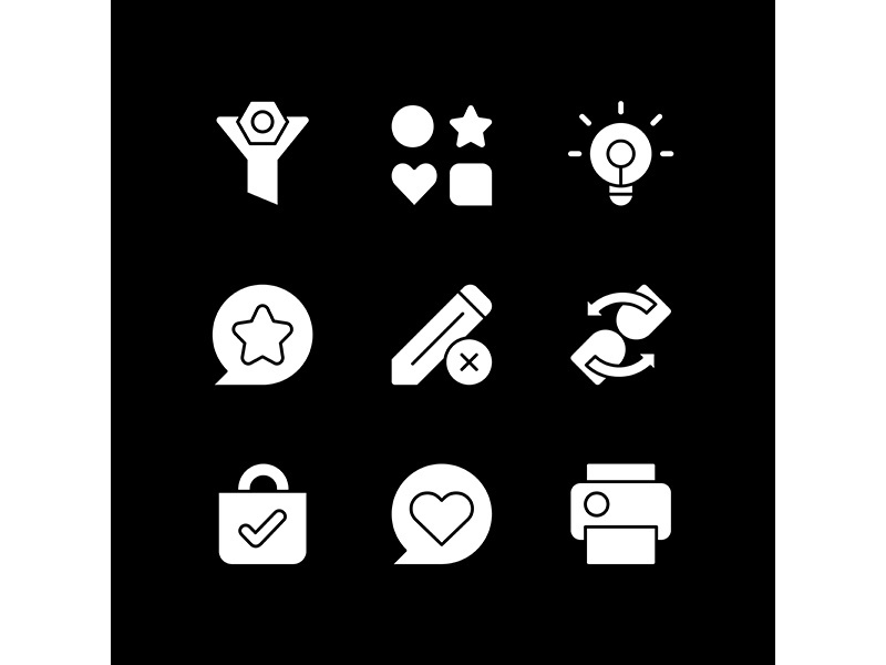 Interface for mobile application white glyph icons set for dark mode