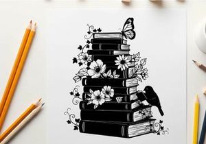 Silhouette of books with flowers butterfly and bird on a white background