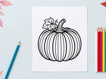 Ilustración de calabaza para temas de otoño o Halloween. Calabaza dibujada a mano con detalles de hojas, perfecta para diseños estacionales y decoraciones festivas.