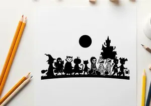 Halloween silhouette scene with spooky characters and haunted house