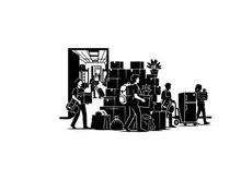 Silhouette of people moving boxes and furniture into a new home