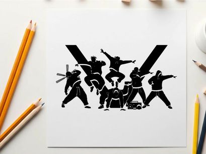 Silhouette of ninja warriors in dynamic poses forming a letter