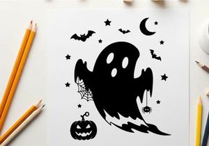 Halloween silhouette of a ghost with bats and pumpkin