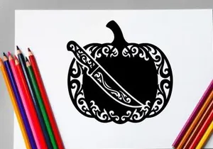Silhouette labu dengan desain ukiran dekoratif dan pisau