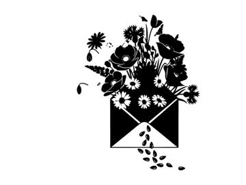 Silhouette of flowers spilling out of an envelope silhouette preview picture