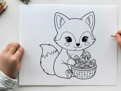 Cute fox holding mushrooms basket vector illustration