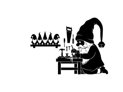Silhouette of a gnome working at a workbench with penguins