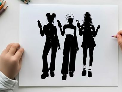 Three women silhouette holding cell phones in black and white