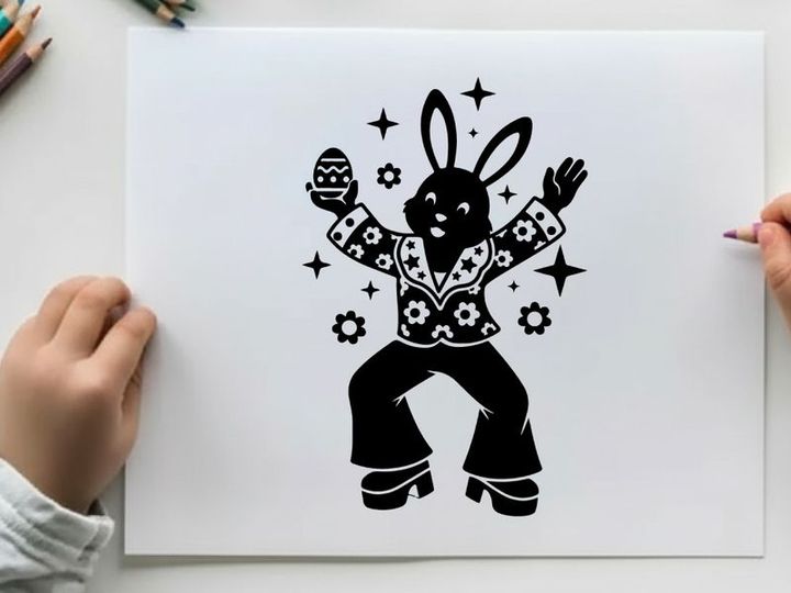 Disco dancing bunny silhouette in floral jumpsuit with easter egg