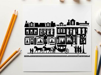 Silhouette of a horse drawn carriage in front of buildings