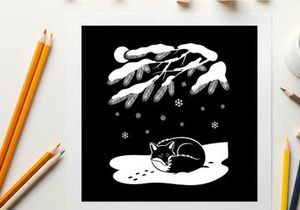 A cat sleeping in snow under pine tree silhouette