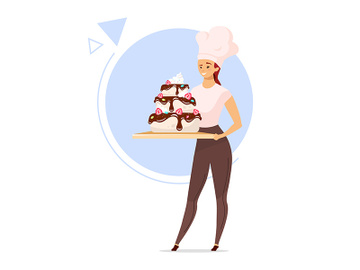 Woman holding tiered cake flat color vector illustration preview picture