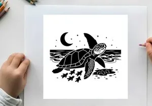 Silhouette of a sea turtle swimming under a crescent moon